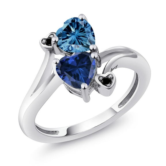 Gem Stone King 925 Sterling Silver Persian Blue Moissanite Blue Created Sapphire and Black Diamond Ring for Women (1.63 Cttw, Heart Shape 6MM, Gemstone Birthstone, Size 7)