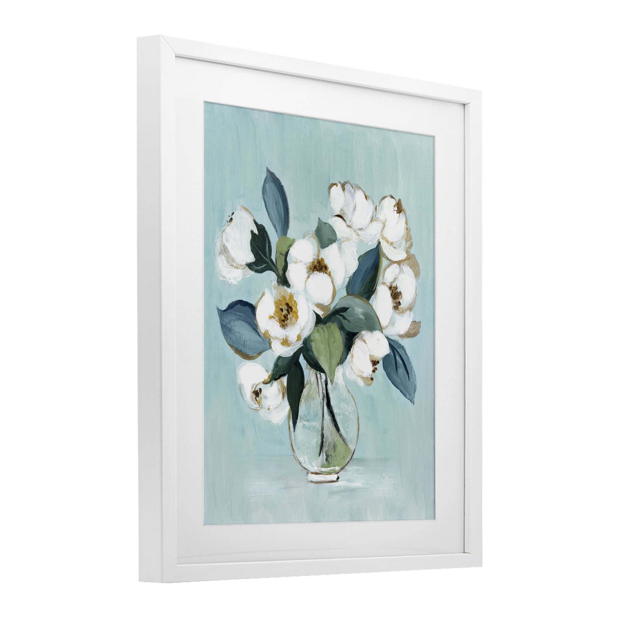Stupell Industries Magnolia Arrangement over Blue White Framed Print Under Glass, design by Janet Tava