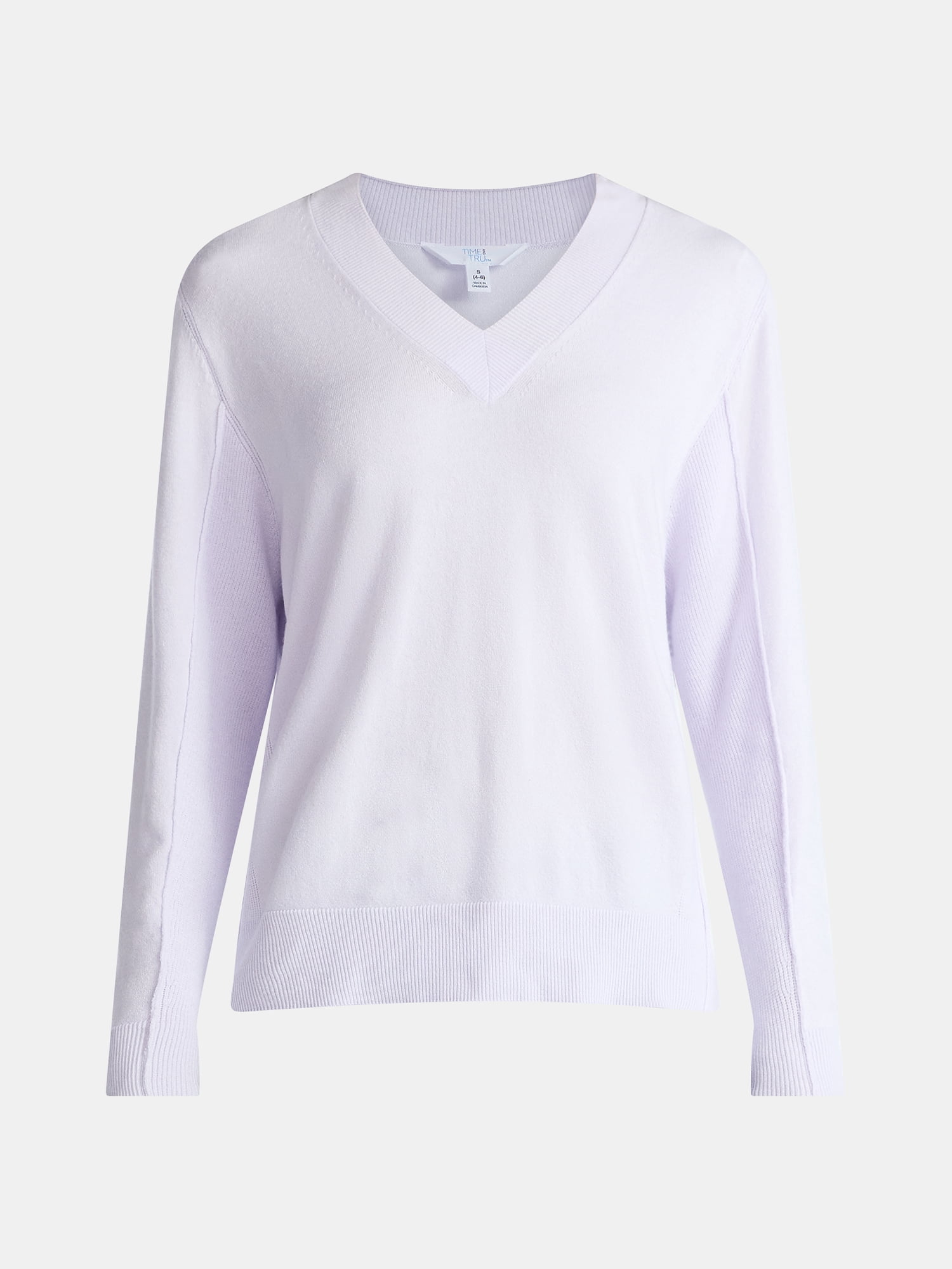 Time and Tru Women's Ribbed Panel V-Neck Sweater with Long Sleeves, Midweight, Sizes XS-XXXL