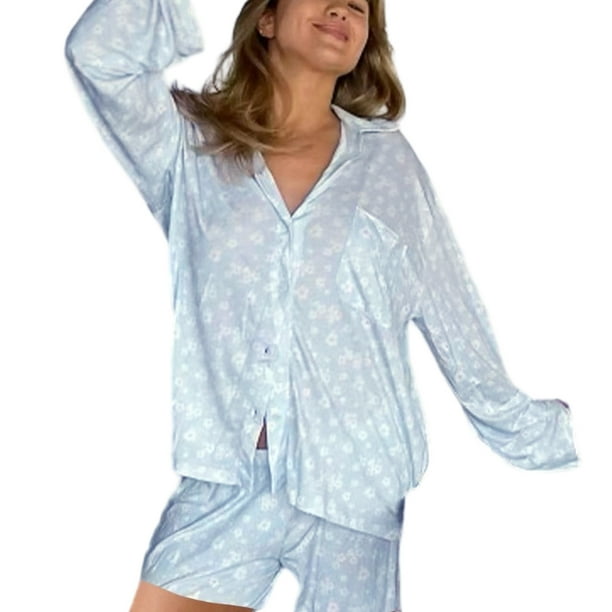 Soft Pjs Set Nuevo Pijama Manga Larga Con Aberturas Conjunto Pantalones Cortos Sueltos para El (S) Azul