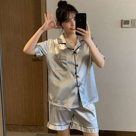 

QWZNDZGR Summer Sleepwear Couple Silk Satin Pajama Sets Short Button-Down Pijama Shorts Home Clothes Suit Pyjamas Women Men Loungewear