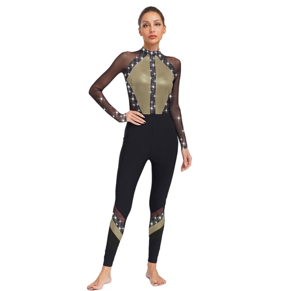 Jizyo Women's Long Sleeve Dance Unitard Shiny Rhinestone Full Body Suits One Piece Jumpsuits Gold XXL