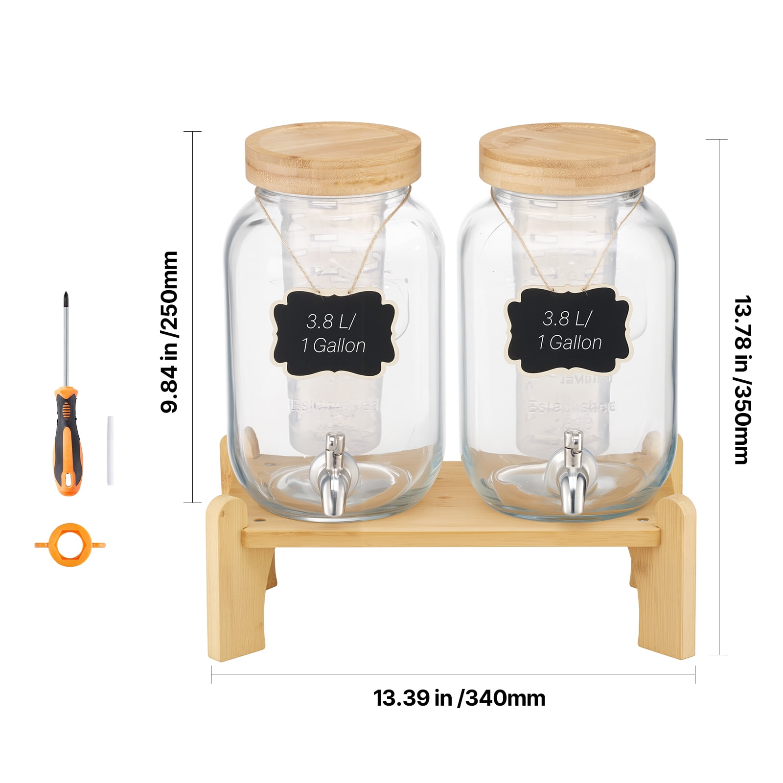 KFFKFF Set of 2 Glass Beverage Dispensers with Wooden Stand, 1-Gallon Capacity, Stainless Steel Spigot, and Infuser – Ideal for Serving Juice, Iced Tea, Lemonade, or Water at Gatherings