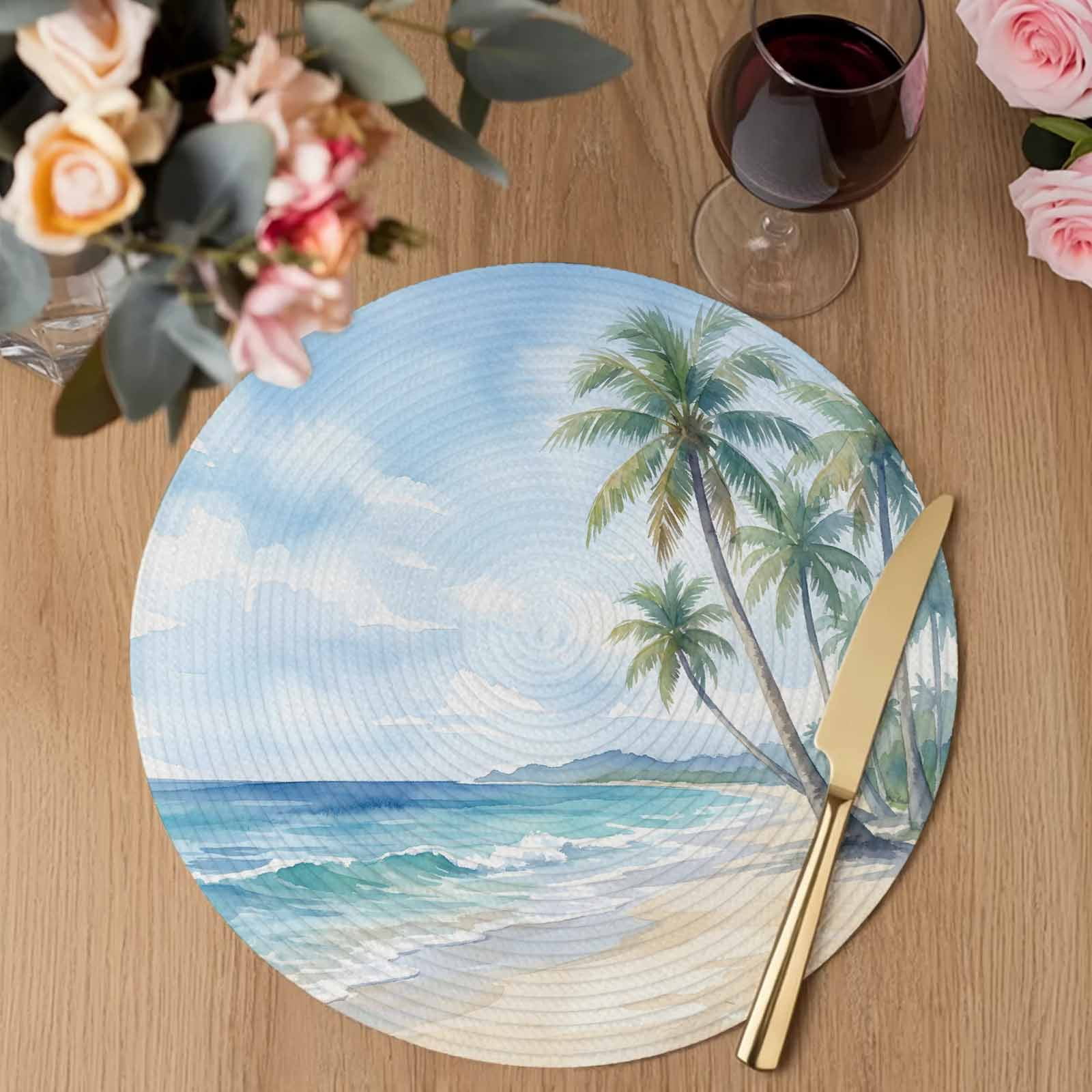 Summer Beach Palm Tree Round 15 Inch Placemats Set of 6, Blue Coastal Tropical Ocean HeatResistant Non Slip Place Mats for Dining Table, Wipeable Braided Kitchen Table Mats for Housewarming