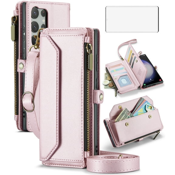 Compatible with Samsung Galaxy S23 Ultra 5G Zipper Wallet Phone Case Tempered Glass Screen Protector Crossbody Lanyard Strap Flip Card Holder Slot Cell Cover for S23Ultra 23S S 23 6.8 Women Rose Gold