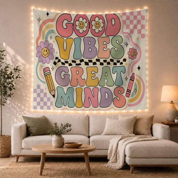 Good Vibes Great Minds Lettering on Cream Background, Playful Retro for Teachers, Classroom Wall Art, Back to School Gift, Tapestry Wall Hanging for Classroom, Office and Dorm