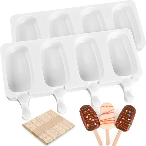 SUSWIM Popsicle Molds Set of 2, Ice Pop Molds Silicone 4 Cavities Ice Cream Oval Cake Pop Mold with 50 Wooden Sticks for DIY Popsicle, Clear (White)