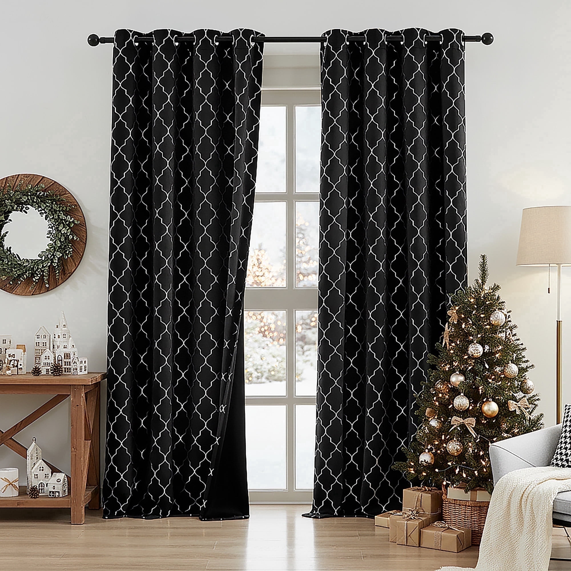 Bohogeo 84 Inches Full Blackout Window Curtain Panels for Bedroom Living Room,Silver Geo Metallic Moroccan Printed Pattern on Black Drapes,Modern Room Darkening Window Treatment,52" Wx84 L(Pack of 2)