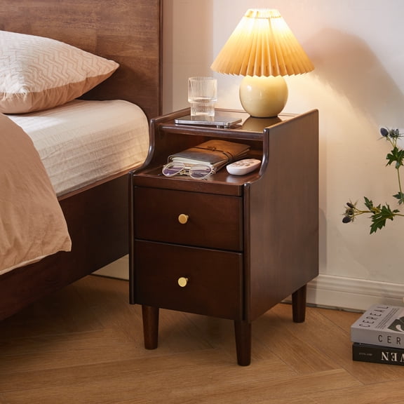 Solid Wood Nightstand with 2 Drawers and Pull-Out Shelf, Bedside Table with Storage and Glass Top, Wood End Table for Bedroom, Living Room and Small Spaces