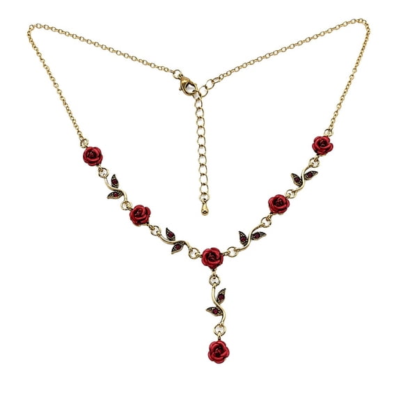 HIRPLIS Vintage Rose Necklace for Women Stainless Steel Flower Vine Y-Drop Adjustable Lobster Clasp Wedding Birthday Valentine's Day Daily Jewellery Gift Red