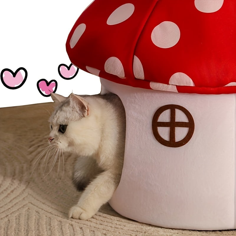 Cute Cat Bed Cave for Indoor Highland Mushroom Shaped Pet Plush House Self-Warming Nest Small Dogs Rabbits with Removable Cushion for Puppy Bed with Hanging Toy (Red Mushroom)