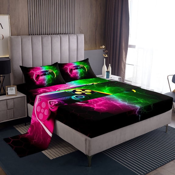 Erosebridal Boys Gamepads Sheet Set Twin,Geometric Honeycomb Bedding Sets Twin Size,Gradient Lightning Twin Sheet Sets,Microfiber Abstract Bedroom Decorative,3pcs