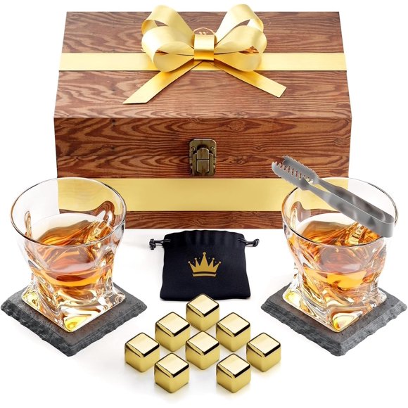 Juego de Vasos Whisky de Regalos, con 2 Vasos, 8 Hielos de Piedra de Dorado Acero Inoxidable, 1 Bolsa y Pinzas de Acero, 2 Posavasos de Piedra, Ideal Regalos para Dia del Padre, Hombre, Novio