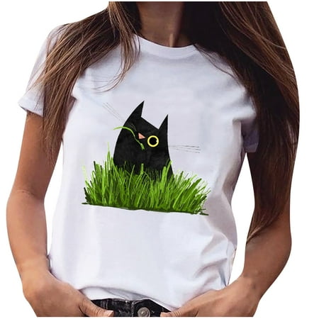 Ziloco Short Sleeve Round-Neck Blouses & Shirts Polo Shirt Women Plus Size Small Cat Print Shirt Short Sleeve T-Shirt Blouse Tops Women'S Tops