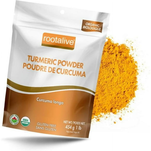 Rootalive Poudre de Curcuma Biologique 454 (1 Lb), Poudre de Curcumine et Épice Culinaire, Végétarien, Sans Sucre, Sans Gluten