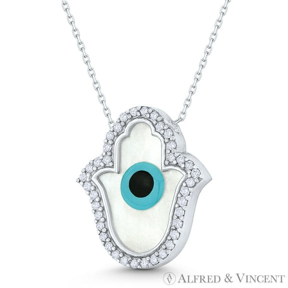 Hamsa Hand Mother-of-Pearl & CZ Crystal Evil Eye Luck Charm Necklace in .925 Sterling Silver w/ Rhodium