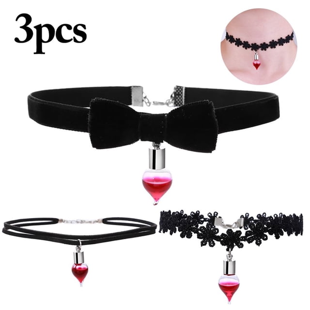 3 Pcs Ras-de-Cou d'Halloween à la Mode en Dentelle avec Nœud Breloque Collier Ras-de-Cou Tatouage Ras-de-Cou pour Femmes