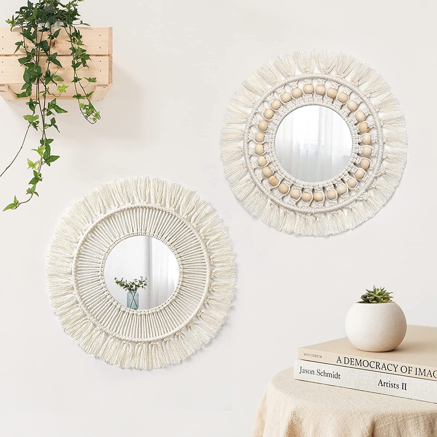 Miroir Mural Boho En Macramé - Suspension Ronde Avec Franges Et Perles En Bois - Déco Murale élégante Pour Salon, Chambre, Salle De Bain