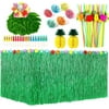 Hawaiian Tropical Party Decoration Set with 9feet Hawaiian Luau Grass Table Skirt, Hibiscus Flowers, Palm Leaves, Paper Pineapple, Umbrella Food Toppers and 3D Fruit Straws Luau Party Supplies