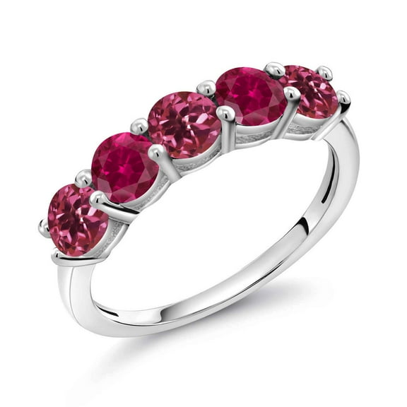 Gem Stone King 925 Sterling Silver Pink Tourmaline and Red Created Ruby Wedding Band Ring for Women (0.95 Cttw, Round 3.5MM, Gemstone October Birthstone, Size 7)