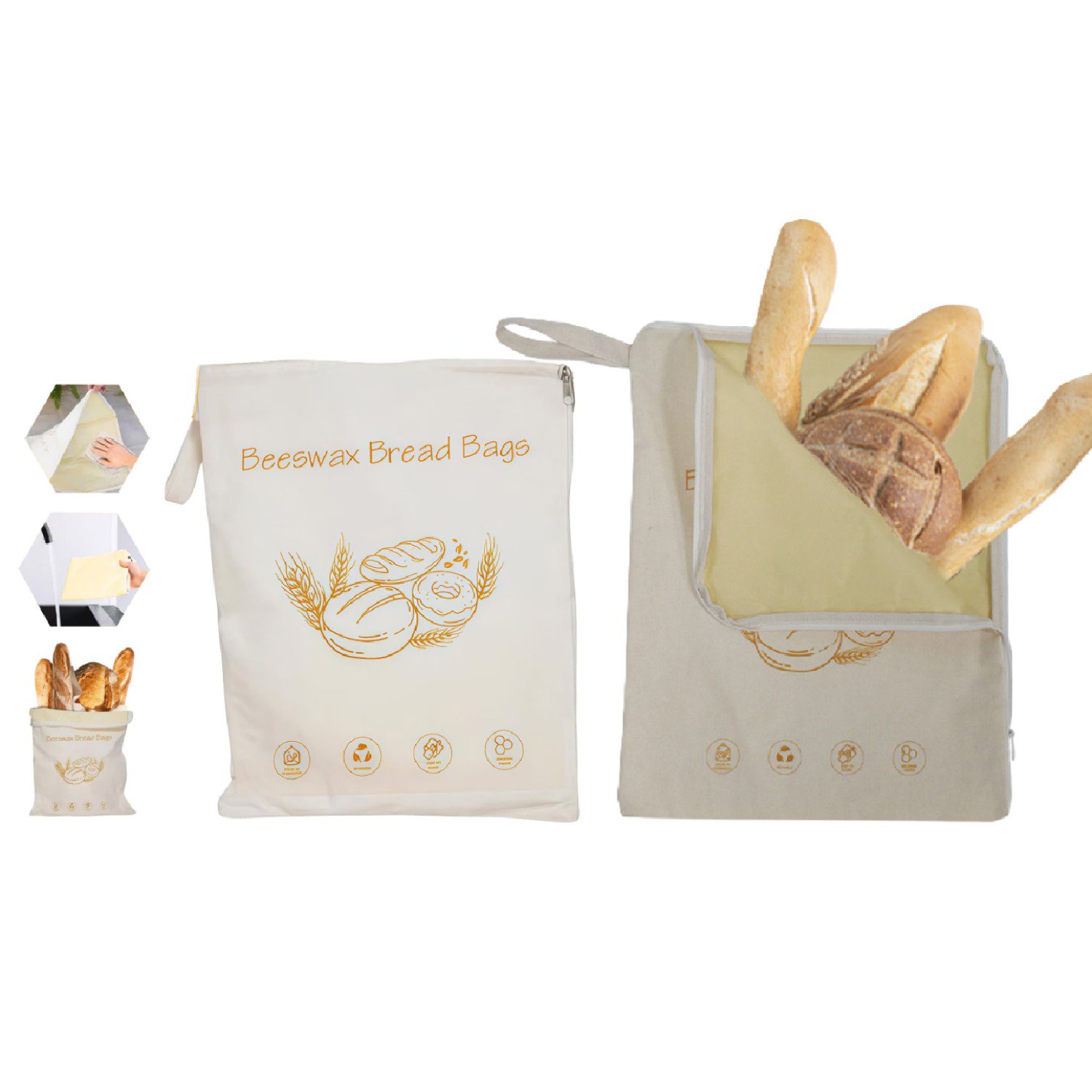 Lantuu Zipper Beeswax Bread Storage Bag, Reusable Cotton Bread Bag for Homemade Bread, Eco-Friendly Food Storage Pouch.2PC,13"x16.9"