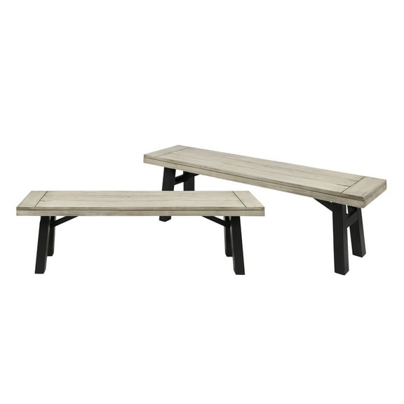Benjara Wren Outdoor Bench Set of 2, Slat Panel, 63 Inch Gray Acacia Wood