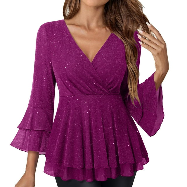 Wensltd Women's Ruffled 3/4 Sleeve Elegant Collar Double Layer Mesh Blouse Spring Summer Party Office Work Wear