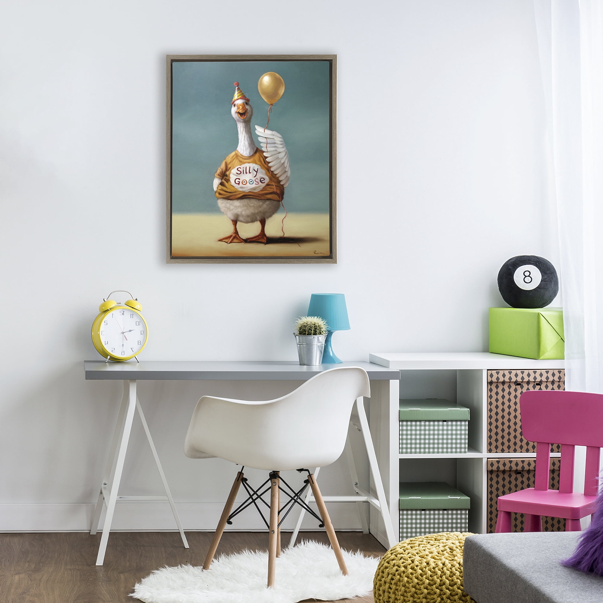 Stupell Industries Silly Goose with Balloon Brown Framed Floater Canvas Wall Art, design by Lucia Heffernan