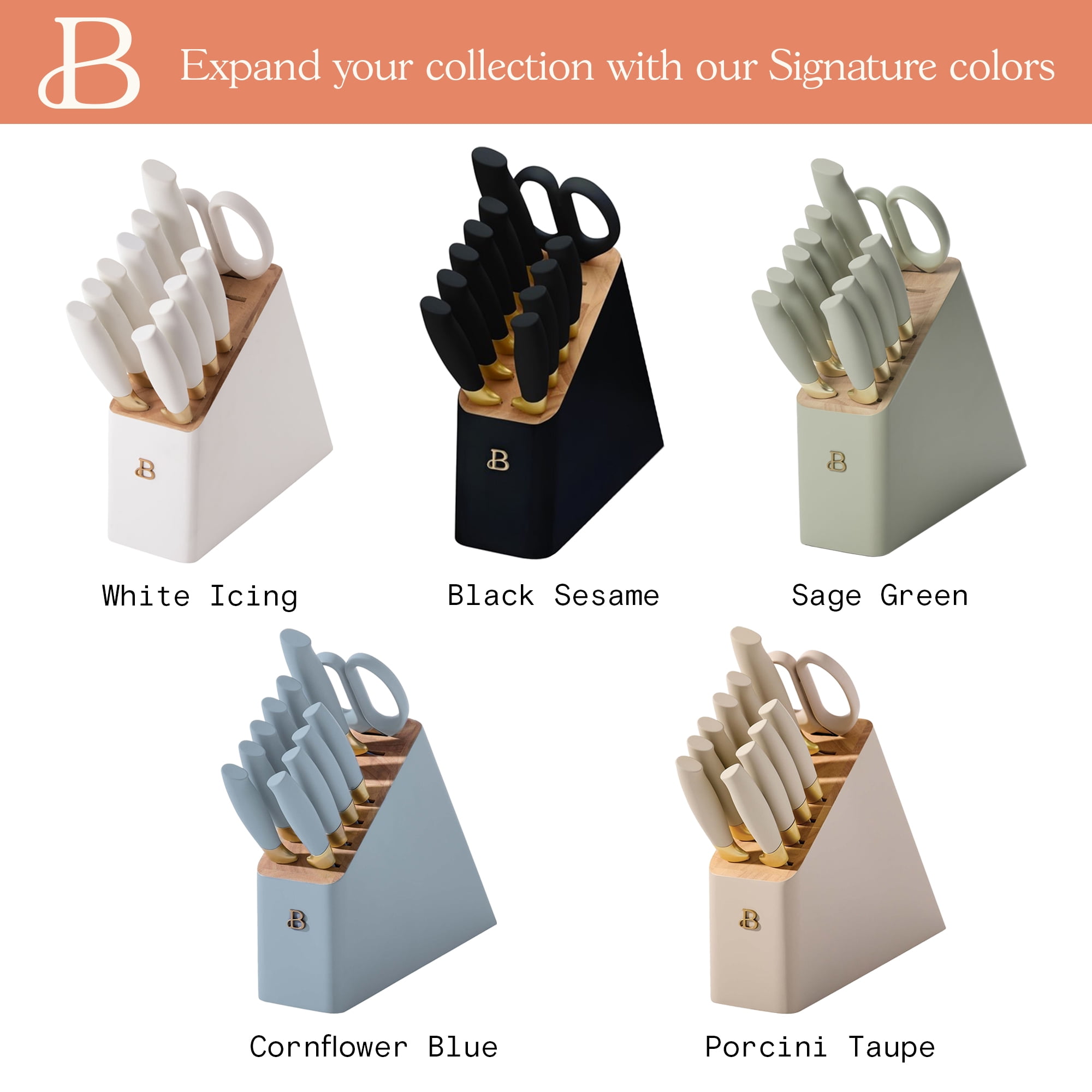 Beautiful 12 Piece Cornflower & Gold Knife Block Set with Soft-Grip Ergonomic Handles by Drew Barrymore