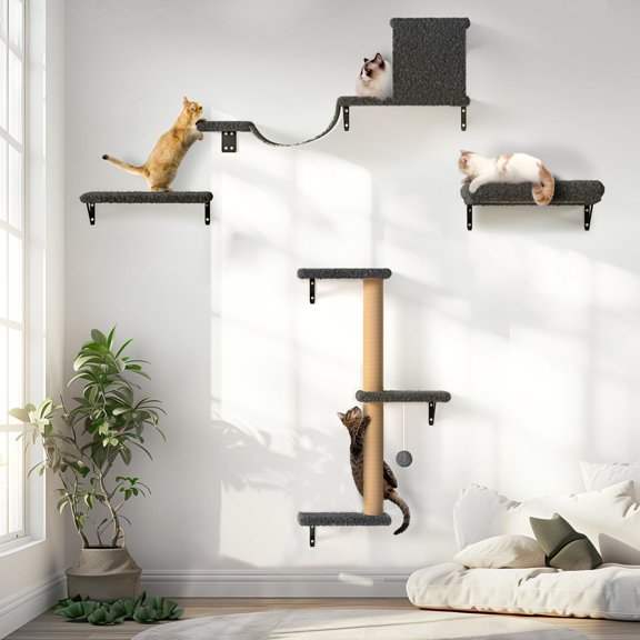 Estantería de pared para gatos FUKUMARU, pared de escalada de madera, gris