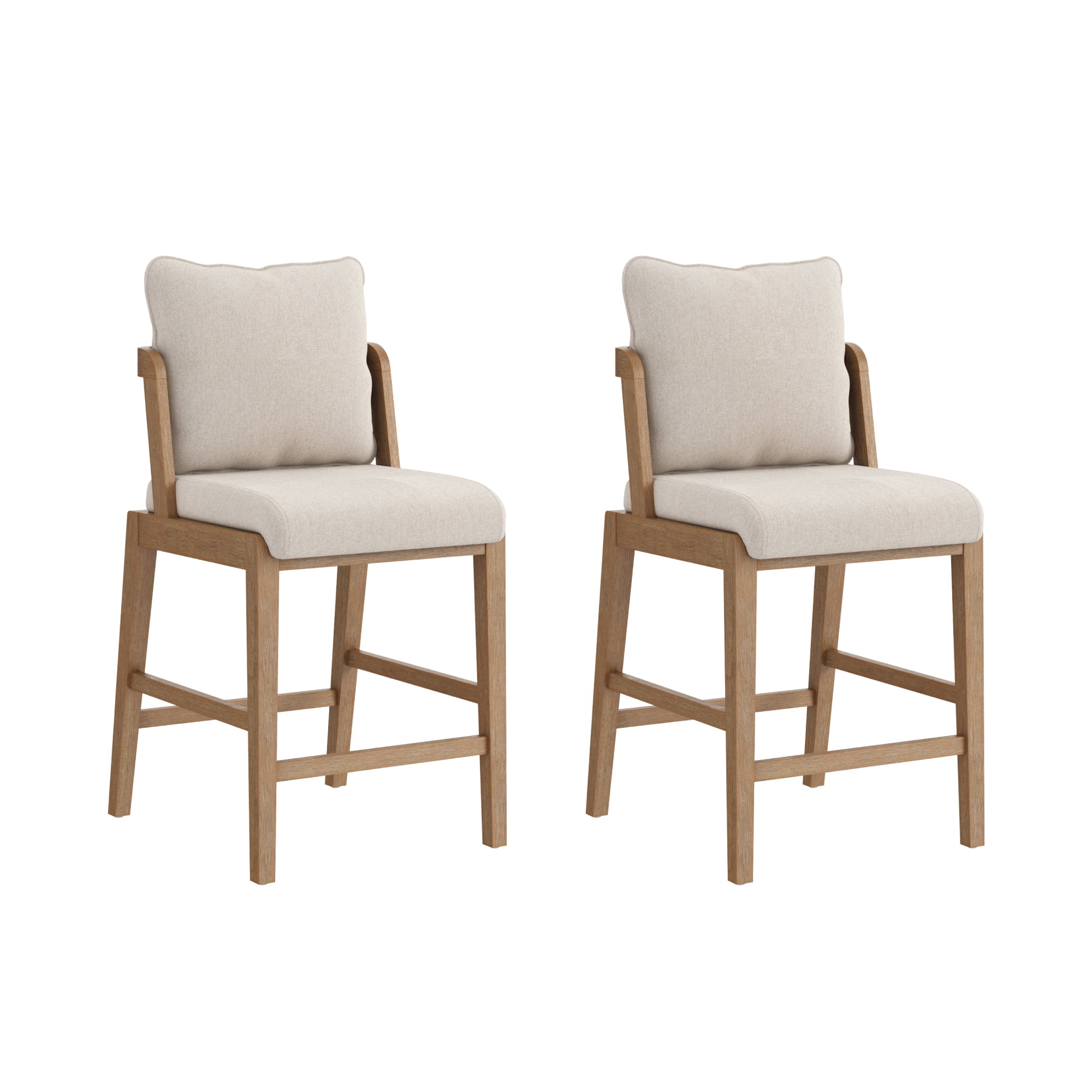 Nathan James Chuck Scandinavian 2-Pack Natural Flax Upholstered Bar Stools, Solid Wood Bar Stools with Back and Backrest Pillow, Flax/Light Brown