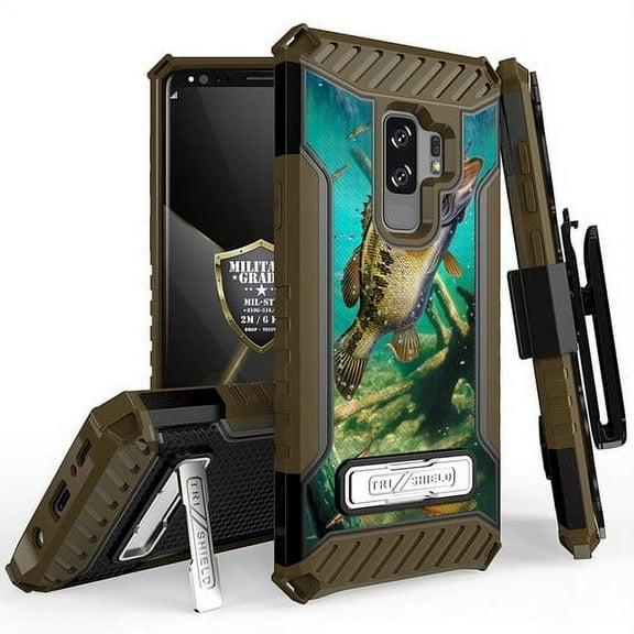 Galaxy S9 Plus Case, Trishield Durable Rugged Heavy Duty Phone Cover [ Belt Clip Holster] And Built in kickstand For Samsung Galaxy S9 Plus - Printed Bass Fishing Outdoors