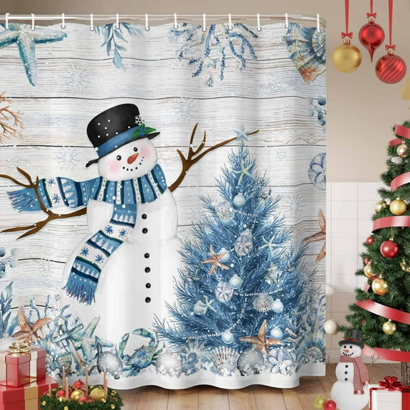 Blue Coastal Christmas Shower Curtain, Snowman Xmas Tree Starfish Vintage Waterproof Fabric Shower Curtains with 12 Hooks, Bathroom Curtain Set for Bathroom Accessories Decor, 66 x 72 Inches