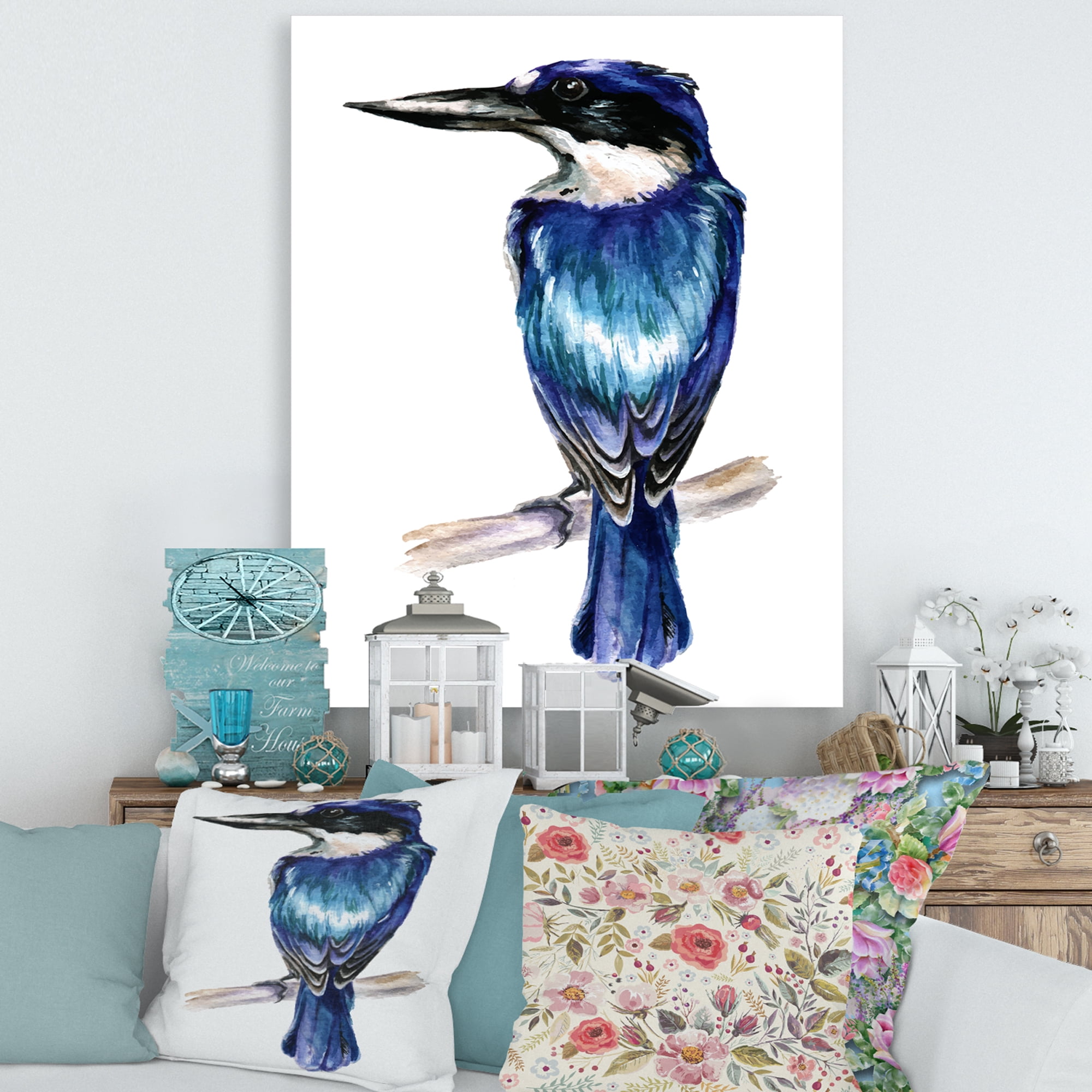 Designart ' Style Blue Kingfisher Bird ' Traditional Canvas Wall Art Print