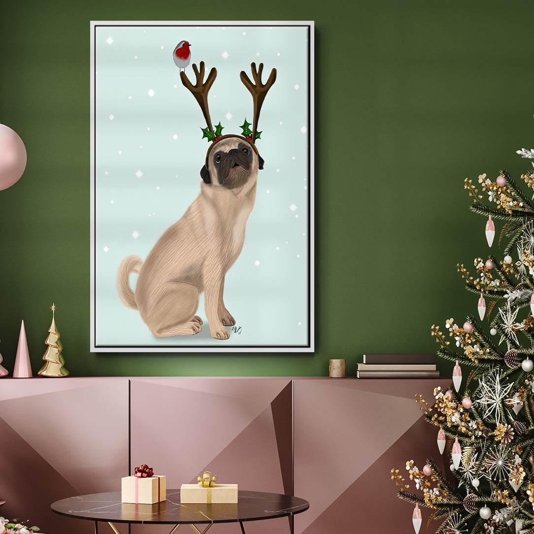 Christmas Pug with Antlers and Robin - Framed Gallery Wrapped Holiday Canvas - 25 x 37 - White Frame