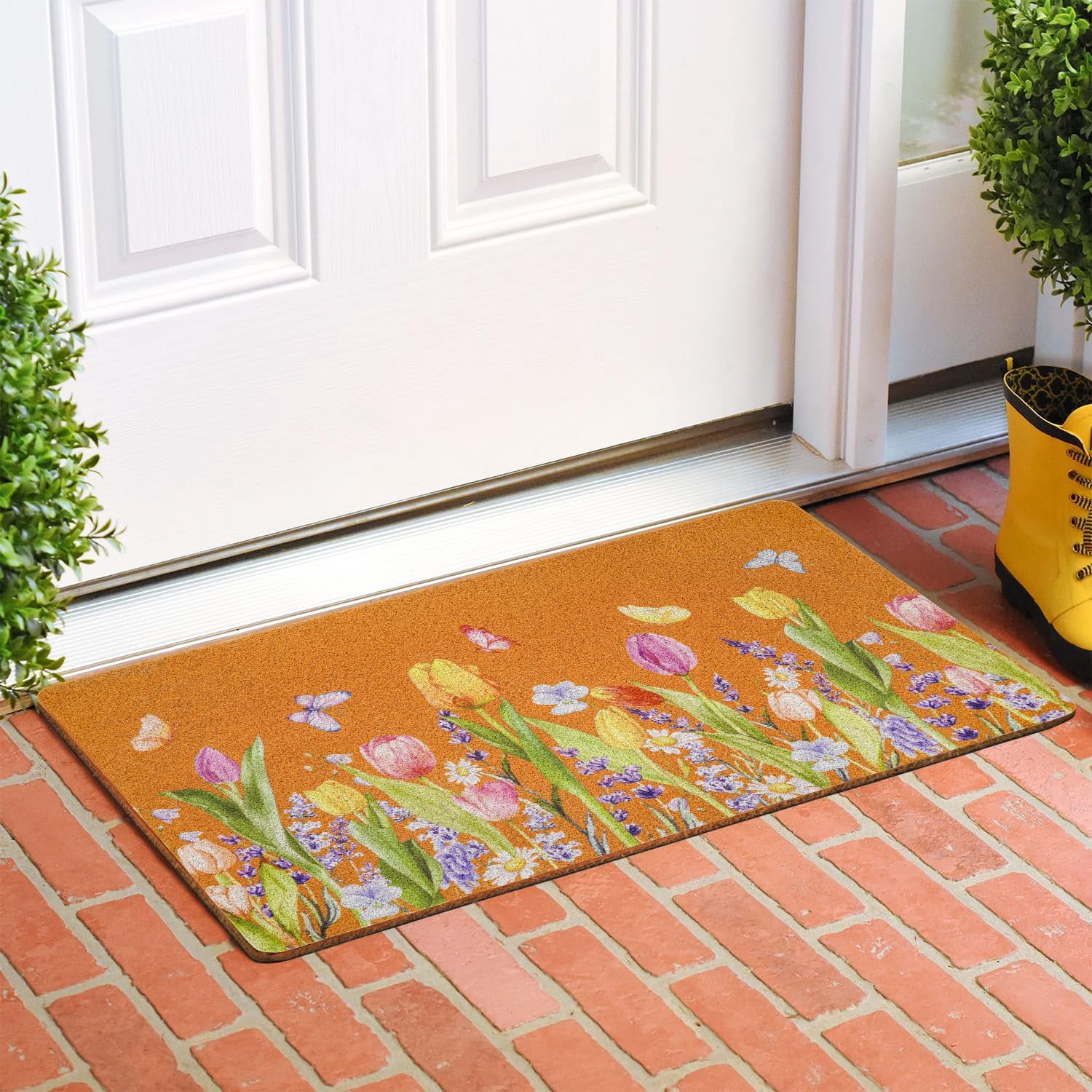 Tulip Floral Butterfly Coir Door Mat for Front Door, Spring Sumeer Flowers Outdoor Welcome Mats for Entrance,Garden,RV,Patio,Home Porch Decor Doormat 30x17 Inch