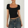 thumbnail image 2 of Women Y2k Summer Slim Fit Crop Tops Lace Trim Short Sleeve Square Neck Show Navel Ribbed T-Shirt, 2 of 5