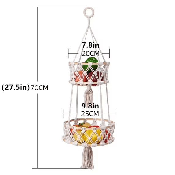 2 Tier Hanging Basket, Macrame Hanging Basket for Fruit and Vegetable Storage, Cotton Rope Woven Baskets for Kitchen, Decorative Boho Decor Hanging Plant Holder