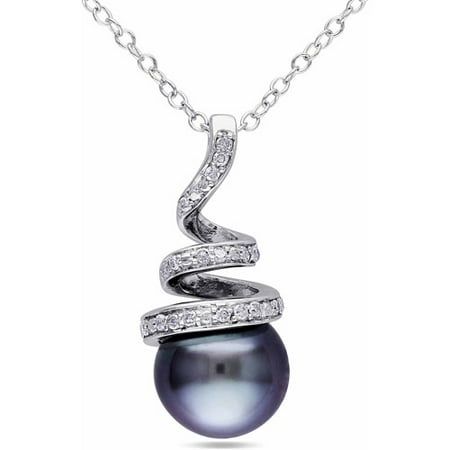 8-8.5mm Black Round Tahitian Pearl and Diamond Accent Sterling Silver Swirl Pendant, 18