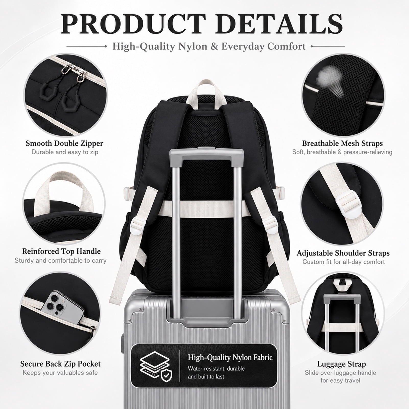 Women's Backpack - 18" Black and White Large Capacity Casual Backpack, Nylon Material, Multiple Compartments, Adjustable Shoulder Straps, Basic Backpack with Coin Pocket