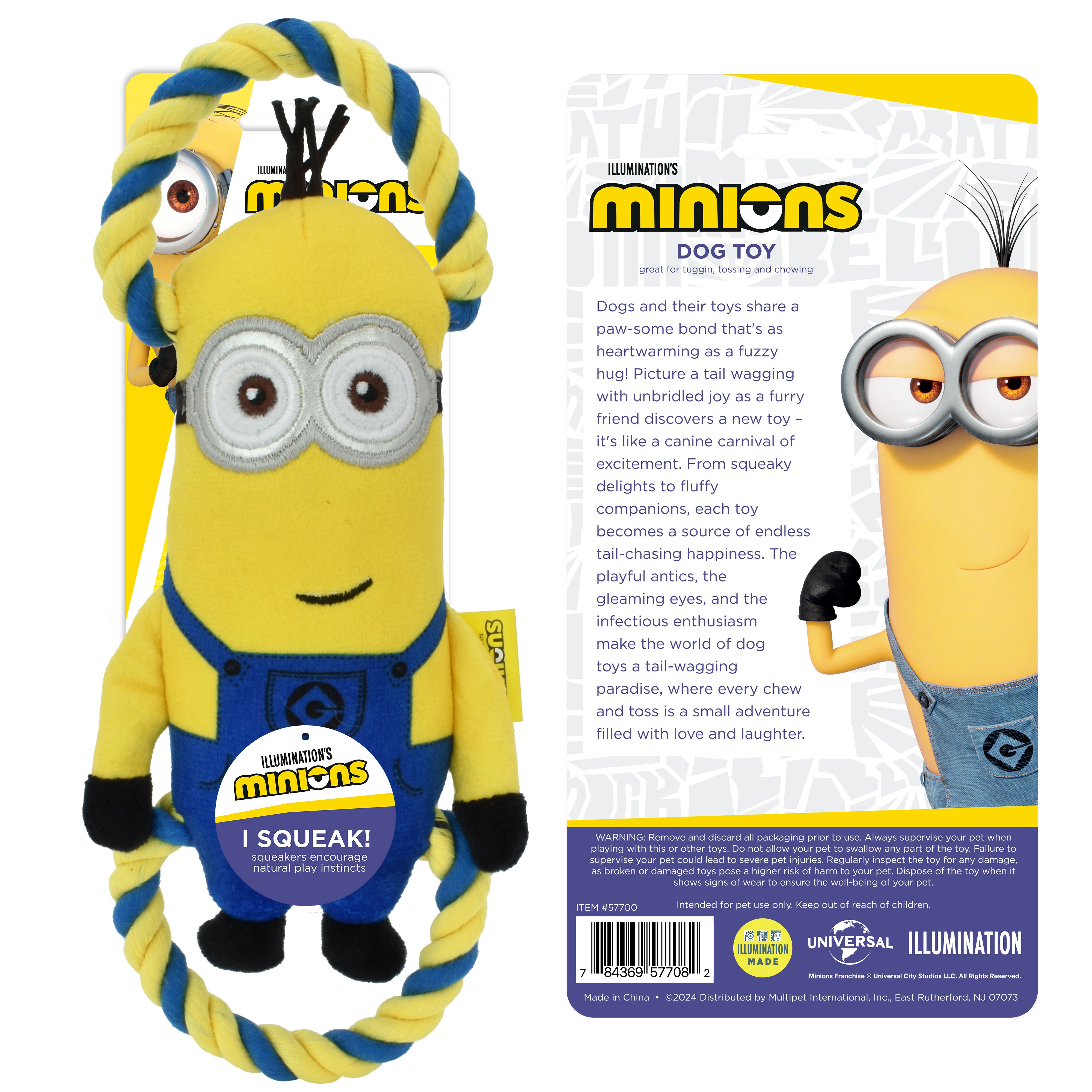 Multipet Minions Kevin Plush and Rope Tug Dog Toy with Squeaker and Crinkle, Small