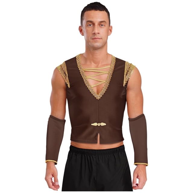 RUNQHUI Men's Medieval Pirate Vest Lace Up Medieval Renaissance Gothic Shirt with Sleeves Brown S