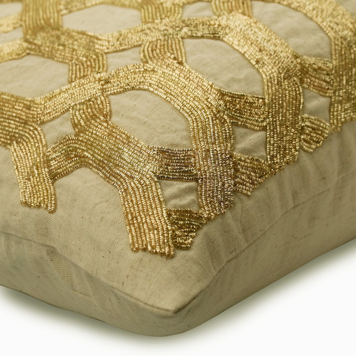 Decorative Beige & Gold 12"x20" (30x50 cm) Lumbar Pillow Covers, Linen Lattice, Trellis & Beaded Rectangle Pillow Covers, Geometric Pattern Modern Style - Golden Lattice Glow