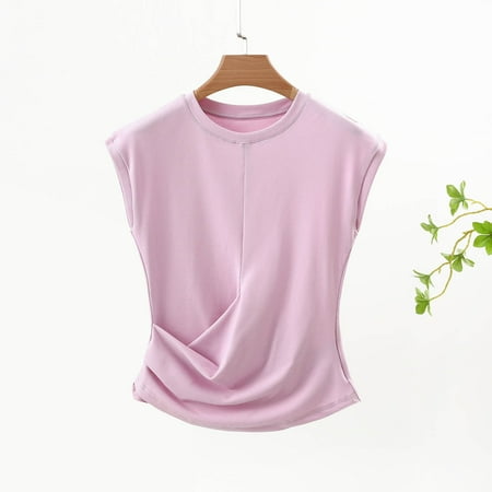 GSPCLAM Women s Tank Tops Solid Color Crew Neck Blouse for Home Summer Comfy Short Sleeve Slim Fit T-Shirts Pink L