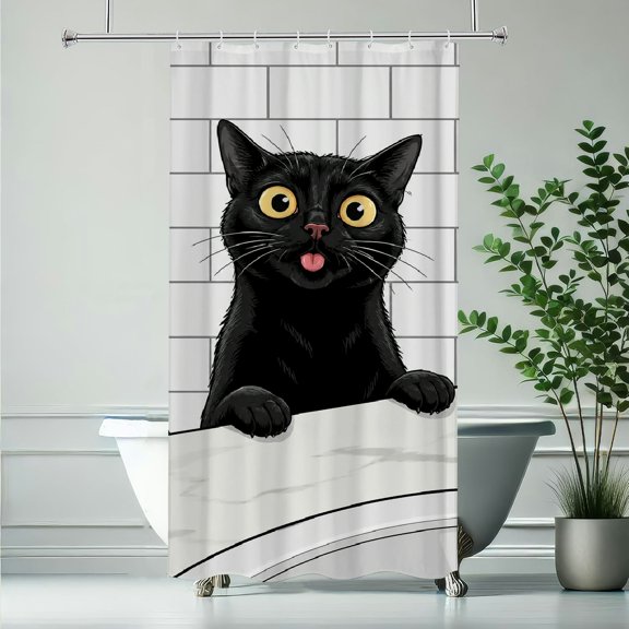 RKSupls Black Cat Counter Peek Tongue Waterproof Shower Curtain Polyester Shower Curtain with Hooks for Chic Elegant Home Bathtub Bathroom Decor