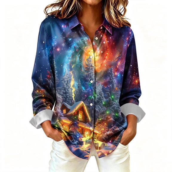 Hueook Christmas Shirt for Women Button Long Sleeve Collared Graphic Tee Xmas Galaxy Tree Multi Holiday Top Multicolor S