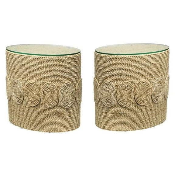 Home Square Oval Corn Straw Rope Glass Side Table in Off White - Set of 2