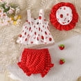 thumbnail image 4 of VNKIDY Baby Girls Three Piece Strawberry Outfit Set Strawberry Print Ruffle Hem Cami Top Striped Shorts Matching Sun Hat Summer Set For Daily Wear White 2-3 Years, 4 of 5
