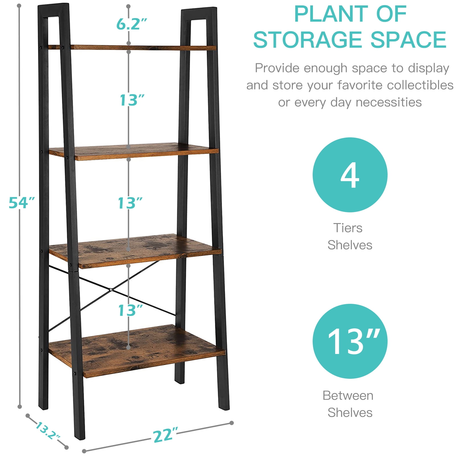 Resenkos Freestanding 4-Tier Ladder Bookshelf Open Shelving Unit Floor Bookcase with Steel Frame Rustic, Brown and Black