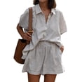 thumbnail image 3 of Women'S 2 Piece Summer Outfits Striped Short Sleeve Button Down Shirt and Shorts Matching Set Khaki S, 3 of 9